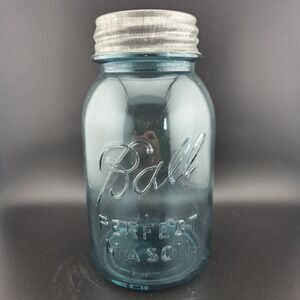 Reverse Ball Mason’s Patent Nov 30th 1858 Ground Lip Aqua Quart Fruit Jar (read)